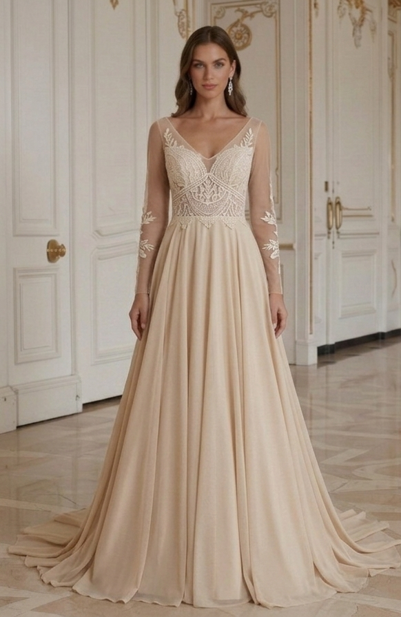 Champagnerfarbenes Boho-Hochzeitskleid aus mattem Stoff