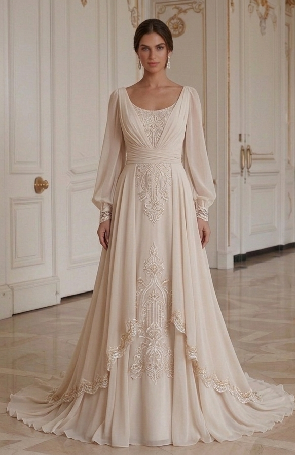 Champagnechiffon brudklänning elegant brudstil