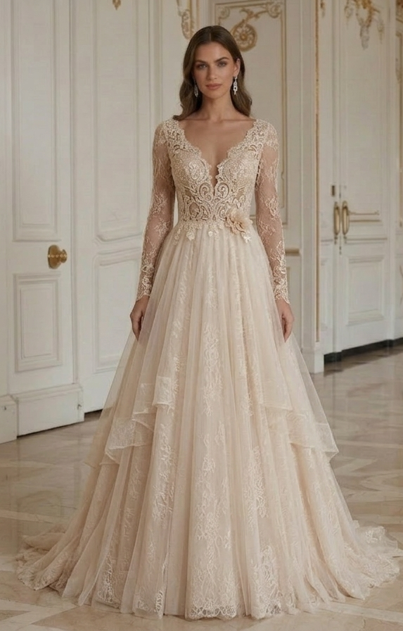 Rochie de mireasă din dantelă șampanie, mată și elegantă