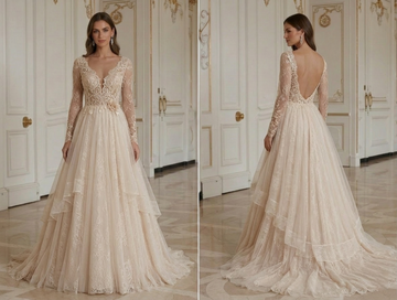 Vestido de novia de encaje champán mate elegante