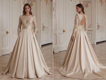 Champagne Long Sleeve Wedding Dress Satin Bridal