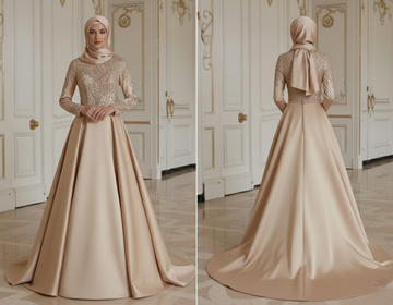 Robe de mariée musulmane champagne en satin mat modeste