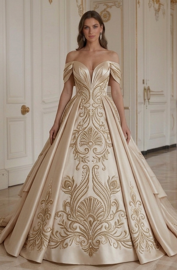Champagne Satin Brudklänning Elegant Brudstil