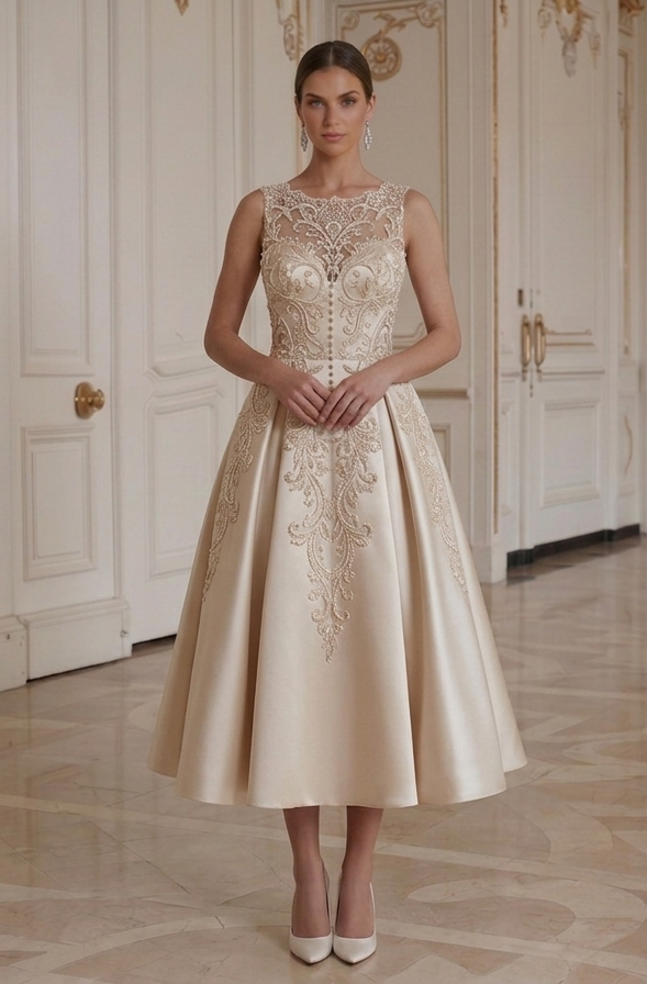 Champagner Tea-Length Hochzeitskleid Satin Brautstil