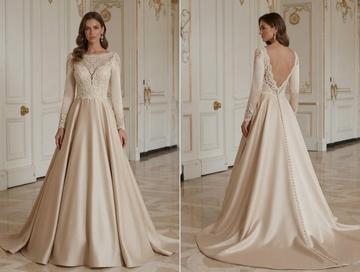 Rochie de mireasă vintage șampanie din satin mat