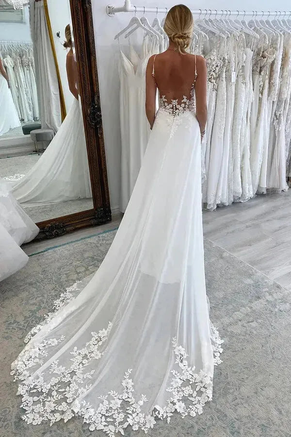 Lace Boho Wedding Dresses V Neck Spaghetti Straps A Line Bride Dresses Floor Length Chiffon Wedding Gowns Ivory