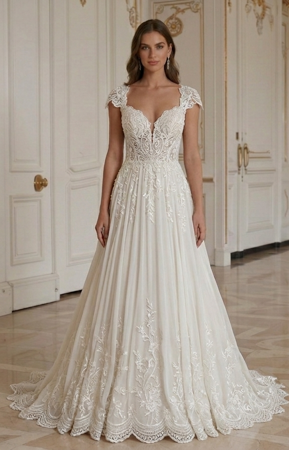 Chiffon-Brautkleid mit kurzen Ärmeln