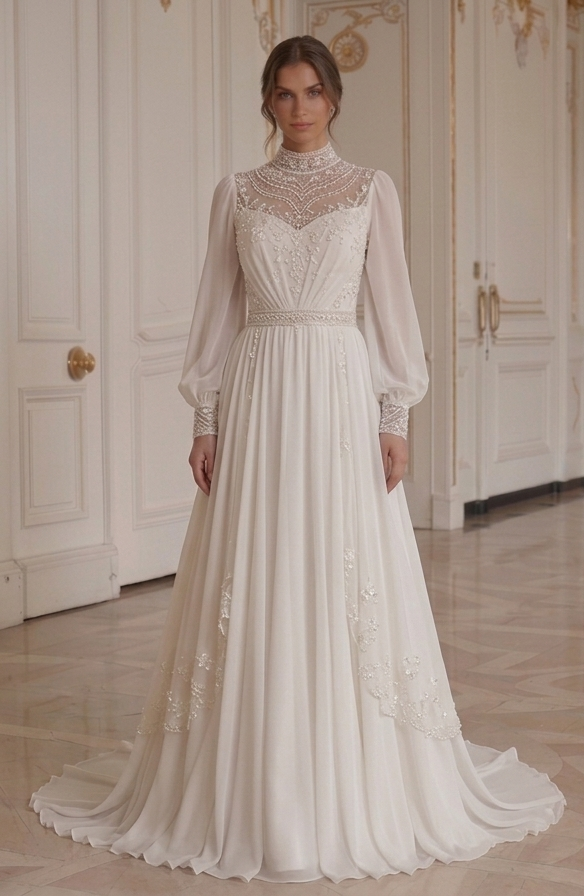 Robe de mariée en chiffon avec col montant style modeste