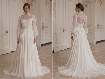 Chiffon Wedding Dress With High Neck Modest Style