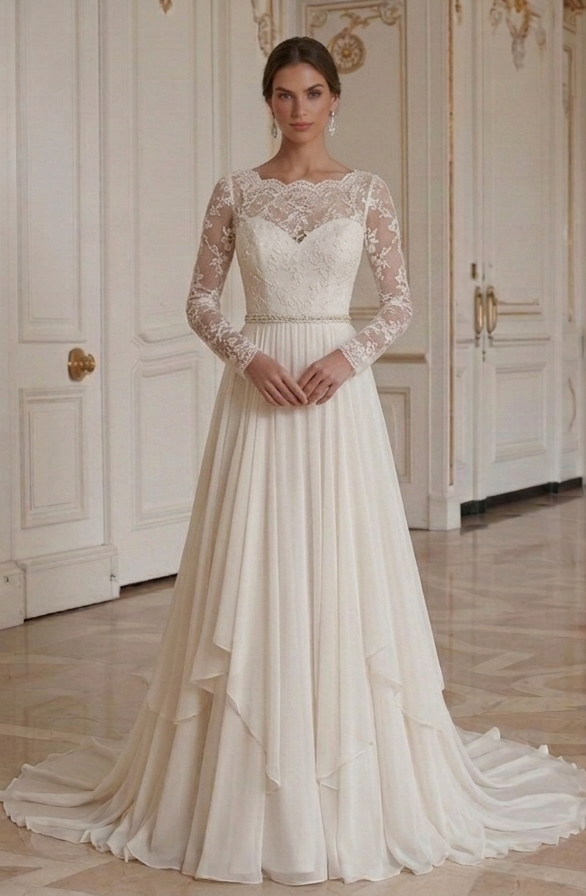 Chiffon-Brautkleid mit Spitzenärmeln