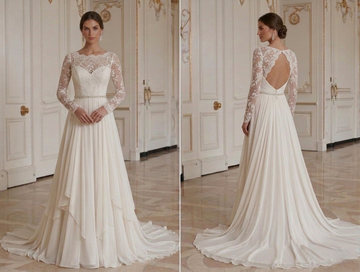 Chiffon-Brautkleid mit Spitzenärmeln