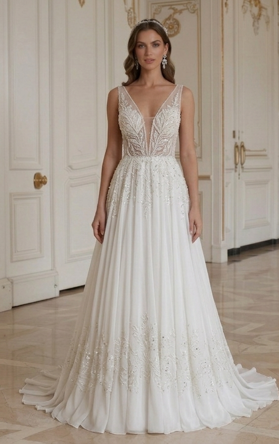Chiffon-Brautkleid mit langem Zug Brautstil