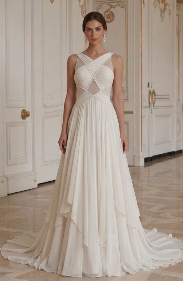 Chiffon-Brautkleid mit kurzem Zug