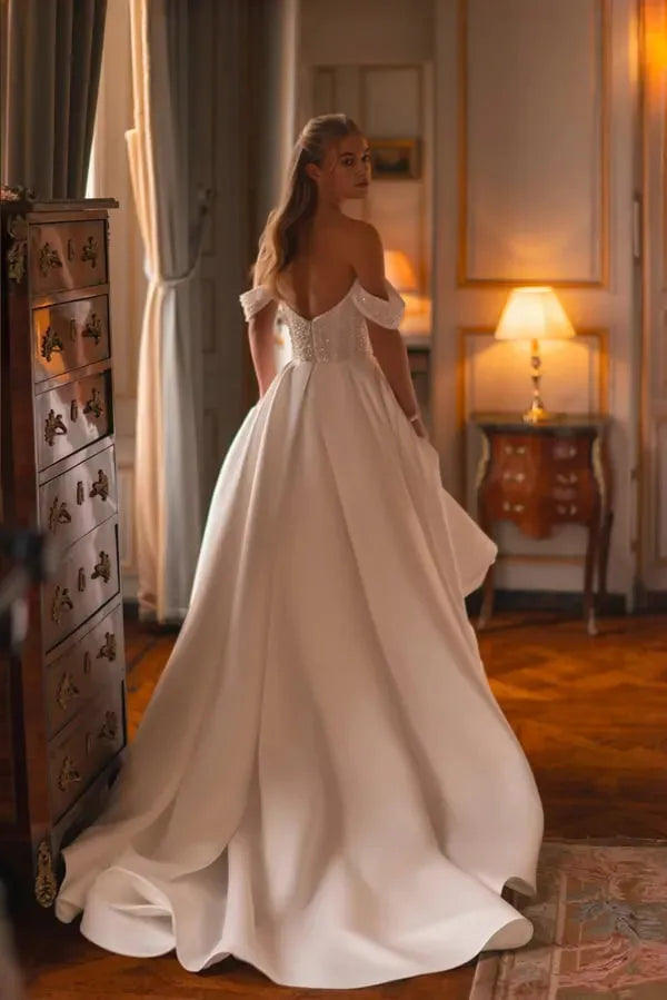 Off Shoulder Glitter A Line Wedding Dress Sleeveless Princess Bride Dresses Split Long Bridal Gown Vestido De Noiva