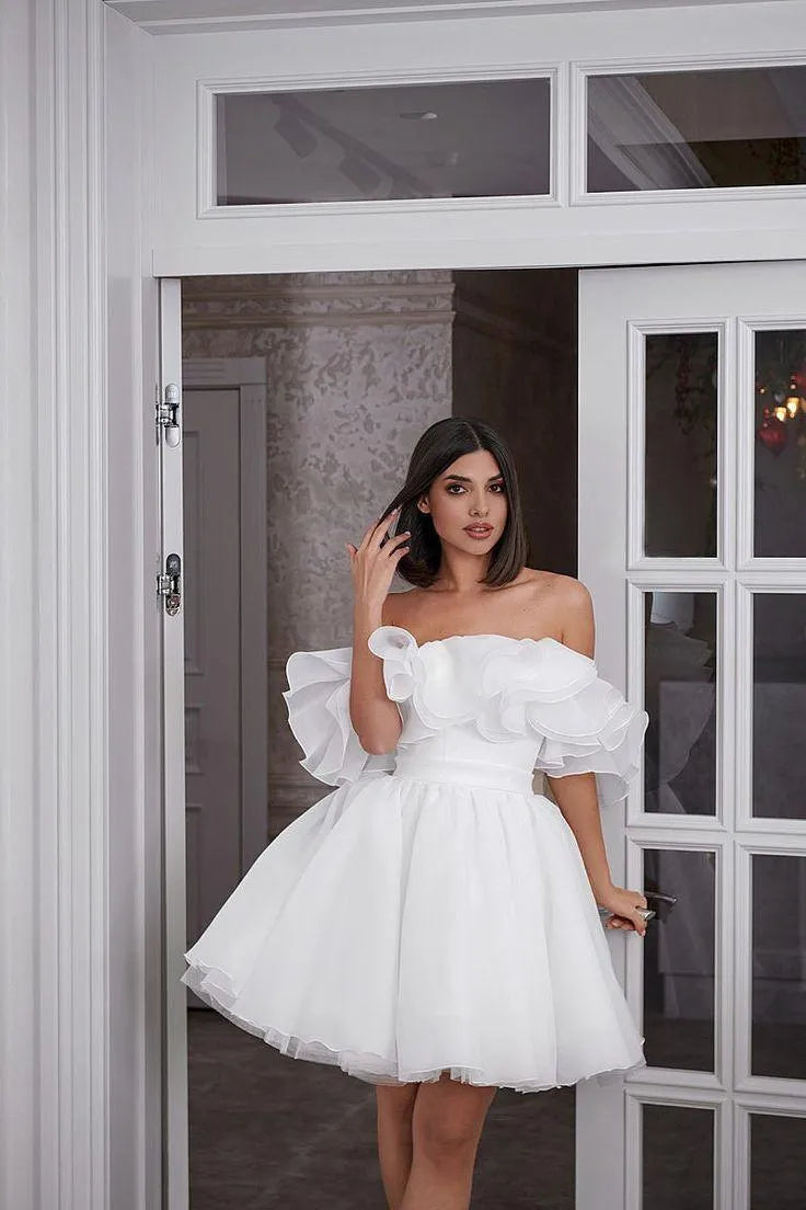 White Mini Short Wedding Dresses for Women Bride A Line Wedding Gowns Off the Shoulder Ruffle Belt Sleeveless Bridal Dress White 20W