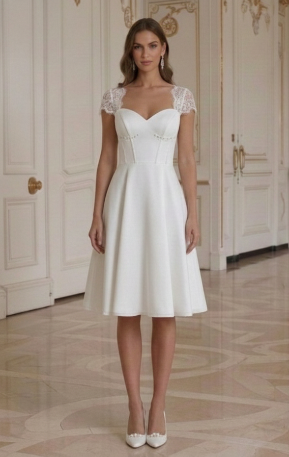 Vestido de Novia Corto Clásico Escote Corazón Nupcial