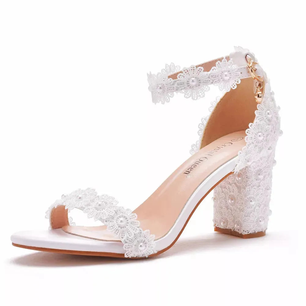 Crystal Queen Fashion Women 7CM Thick High Heels Sandals White Pearl Lace Bride Wedding Shoes WHITE