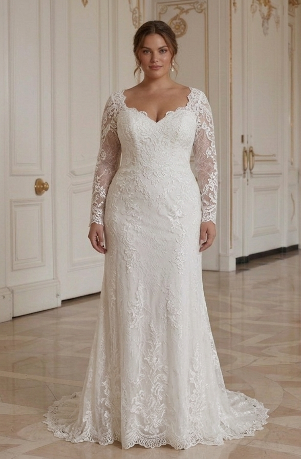 Curvy Bruid Lange Mouwen Bruidsjurk van Kant met Vleiende Silhouet