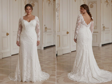 Curvy Bruid Lange Mouwen Bruidsjurk van Kant met Vleiende Silhouet