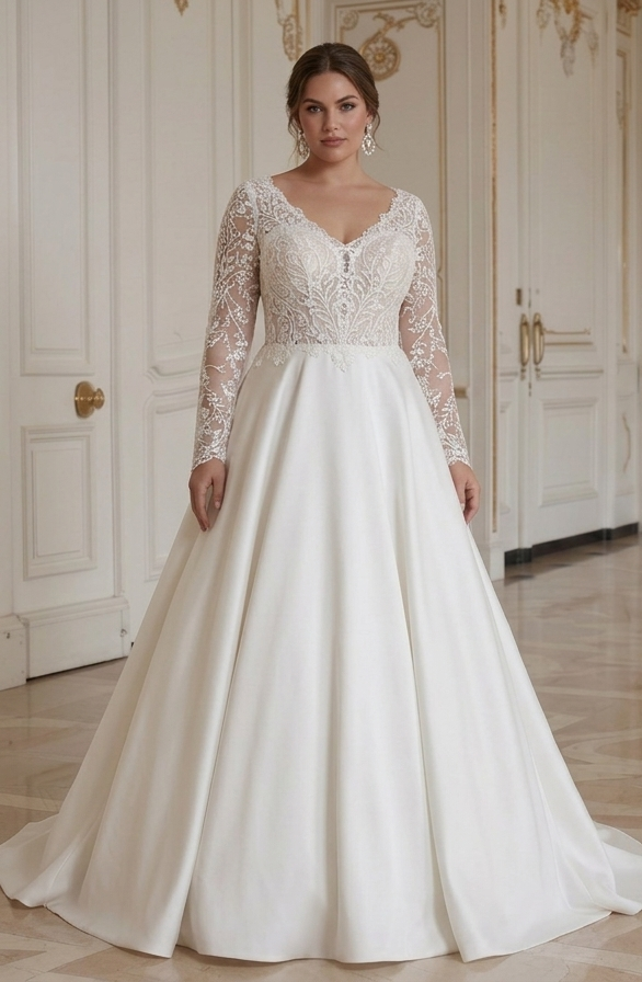 Abito da Sposa Curvy a Maniche Lunghe Stile Elegante