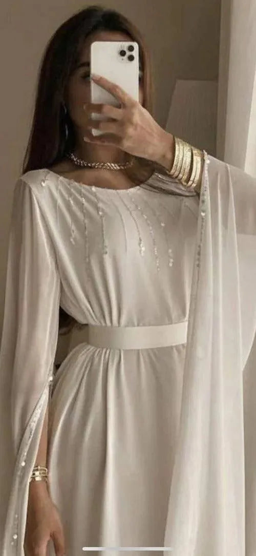Ivory Dubai Kaftan Straight Evening Dresses Long Cape Sequin Scoop Sash Chiffon Prom Formal Dress Ankle Length Outfit