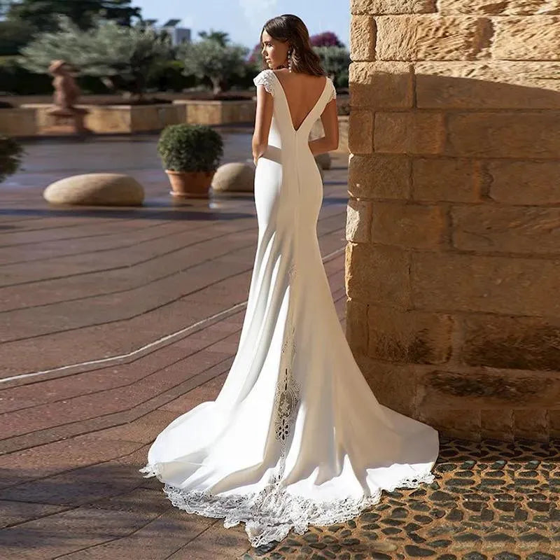 Sexy Mermaid Wedding Dress Cap Sleeve Lace Appliqued Open V Back Boho Wedding Gown Long Train Bride Dresses Ivory