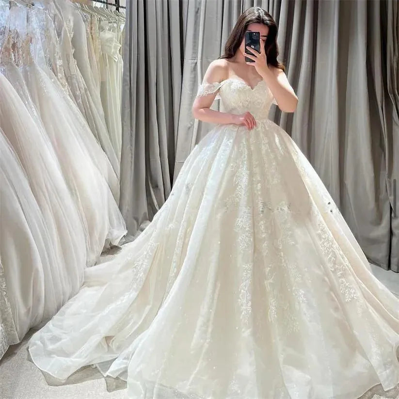 Vintage Glitter Lace Wedding Dresses Sweetheart Appliques Off Shoulder A-Line Bridal Gowns Backless Princess Bride Dress White