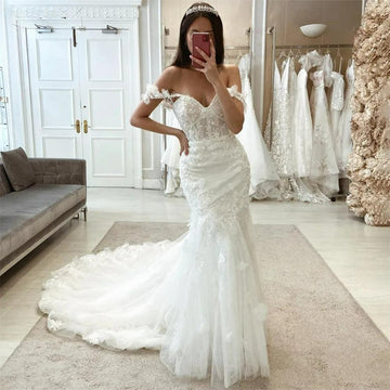 Vintage Lace Wedding Dresses Puffy Mermaid Off Shoulder 3D Flowers Appliques Bridal Gowns Backless Beach Bride Dress