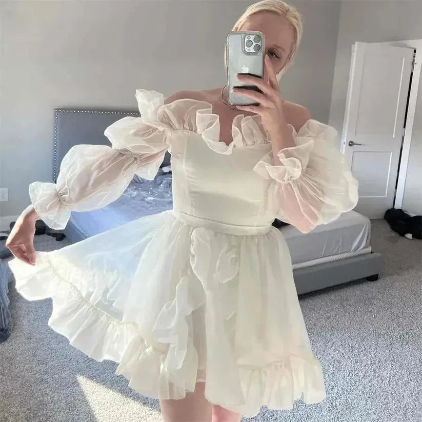 Long Puff Sleeves Off Shoulder Short Wedding Gown Mini Length Organza Ruffles A Line Bridal Dress Above Length Short Wedding Dress
