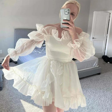 Long Puff Sleeves Off Shoulder Short Wedding Gown Mini Length Organza Ruffles A Line Bridal Dress Above Length