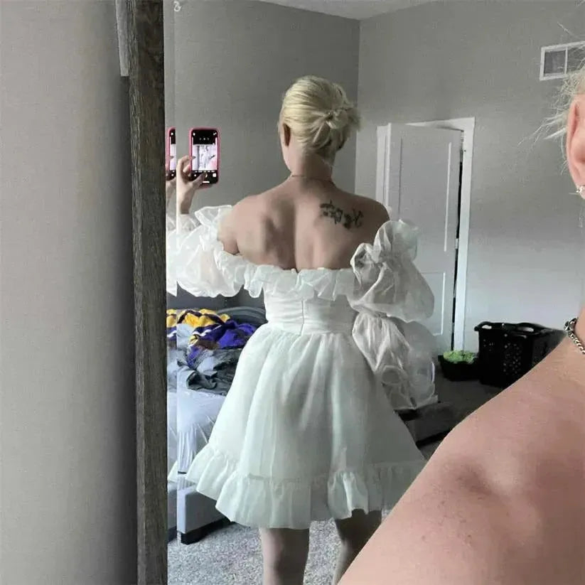Long Puff Sleeves Off Shoulder Short Wedding Gown Mini Length Organza Ruffles A Line Bridal Dress Above Length Short Wedding Dress