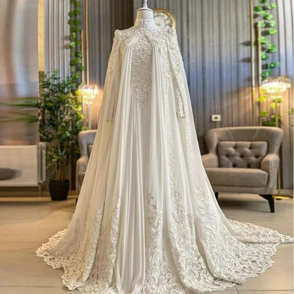 Chiffon Muslim Wedding Dresses with Cape Lace Appliques High Neck Arabic Dubai Long Sleeves Bridal Gowns Robe De Mariage White