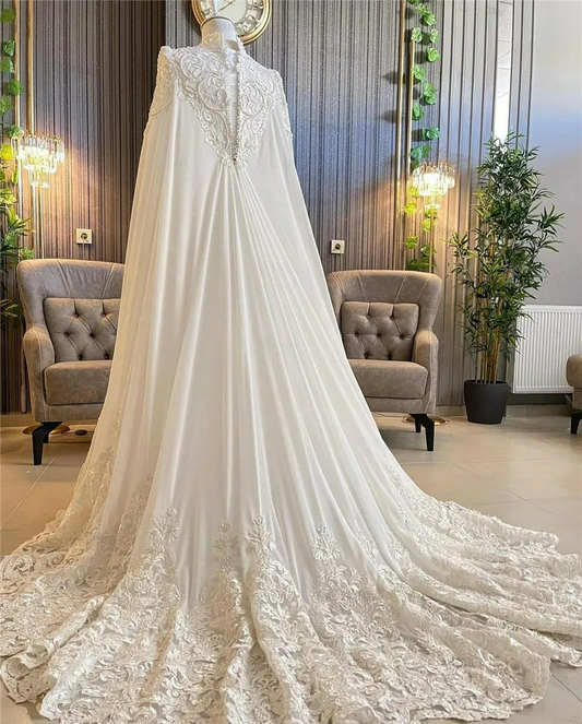 Chiffon Muslim Brautkleider mit Cape Spitzenapplikationen High Neck Arabisch Dubai Lange Ärmel Brautkleider Robe De Mariage 