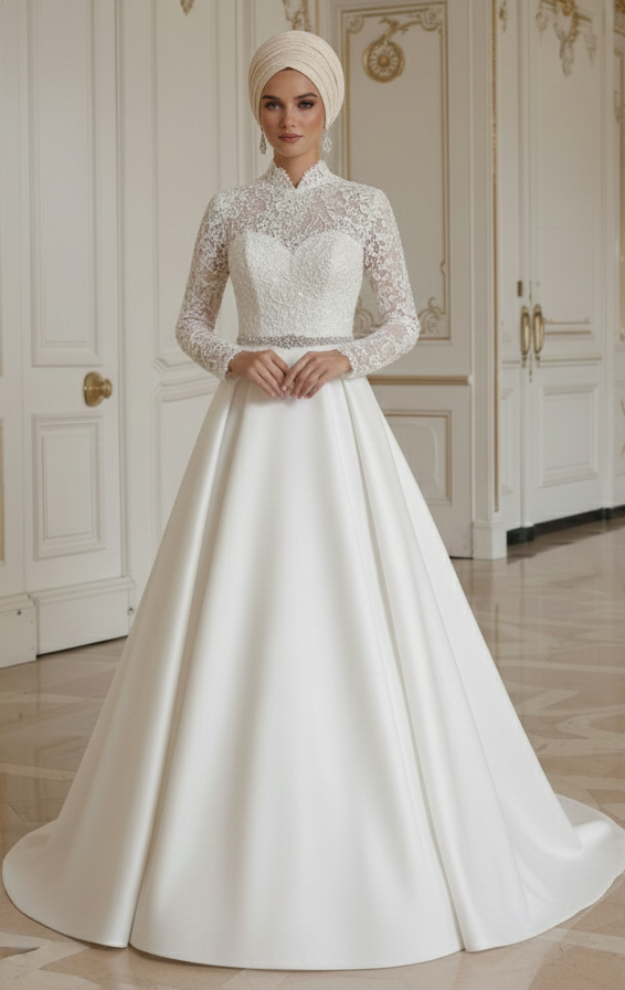 Vestido de Noiva Muçulmano de Designer Estilo Elegante e Modesto