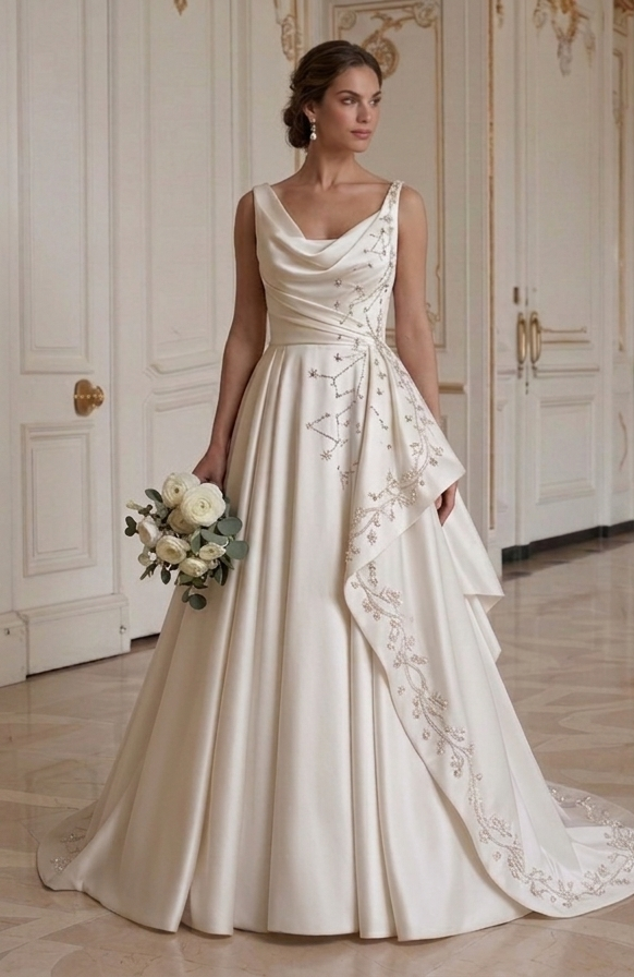 Draperad satinklänning bröllop elegant brudstil