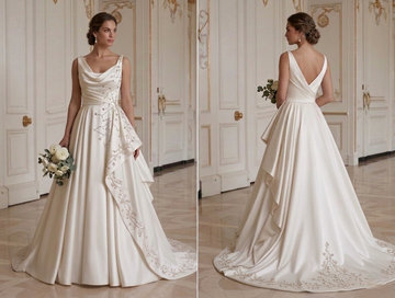 Vestido de Noiva em Cetim Drapeado Estilo Nupcial Elegante