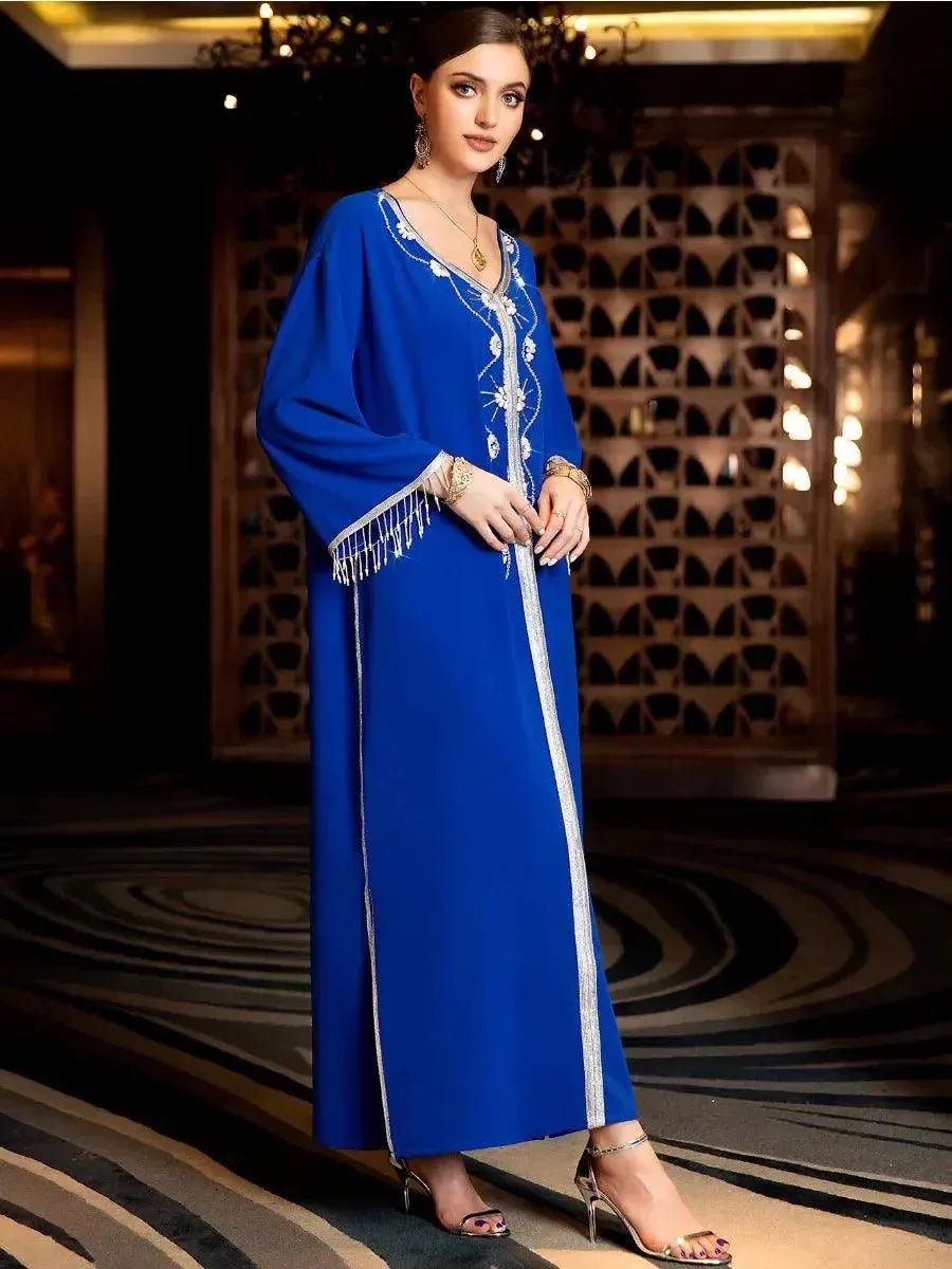 Muslim Dress Pure Handwork Rhinestone Beaded Chic Tassel Full Sleeve V-Neck Abayas For Moroccan Women Royal Blue Dress