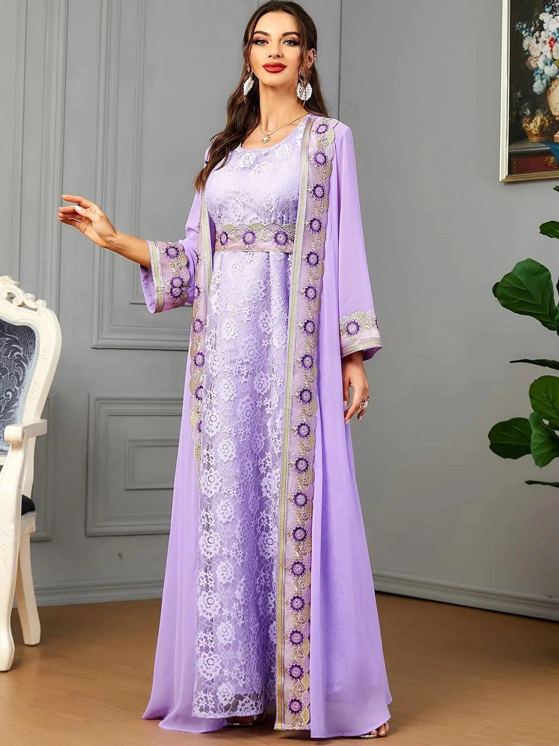 Moroccan 2 Piece Abaya Set Jilbabs For Woman Chic Purple Chiffon Lace Tape Belted Arabic Gown Ramadan Musulmane Caftan Purple Dress Set
