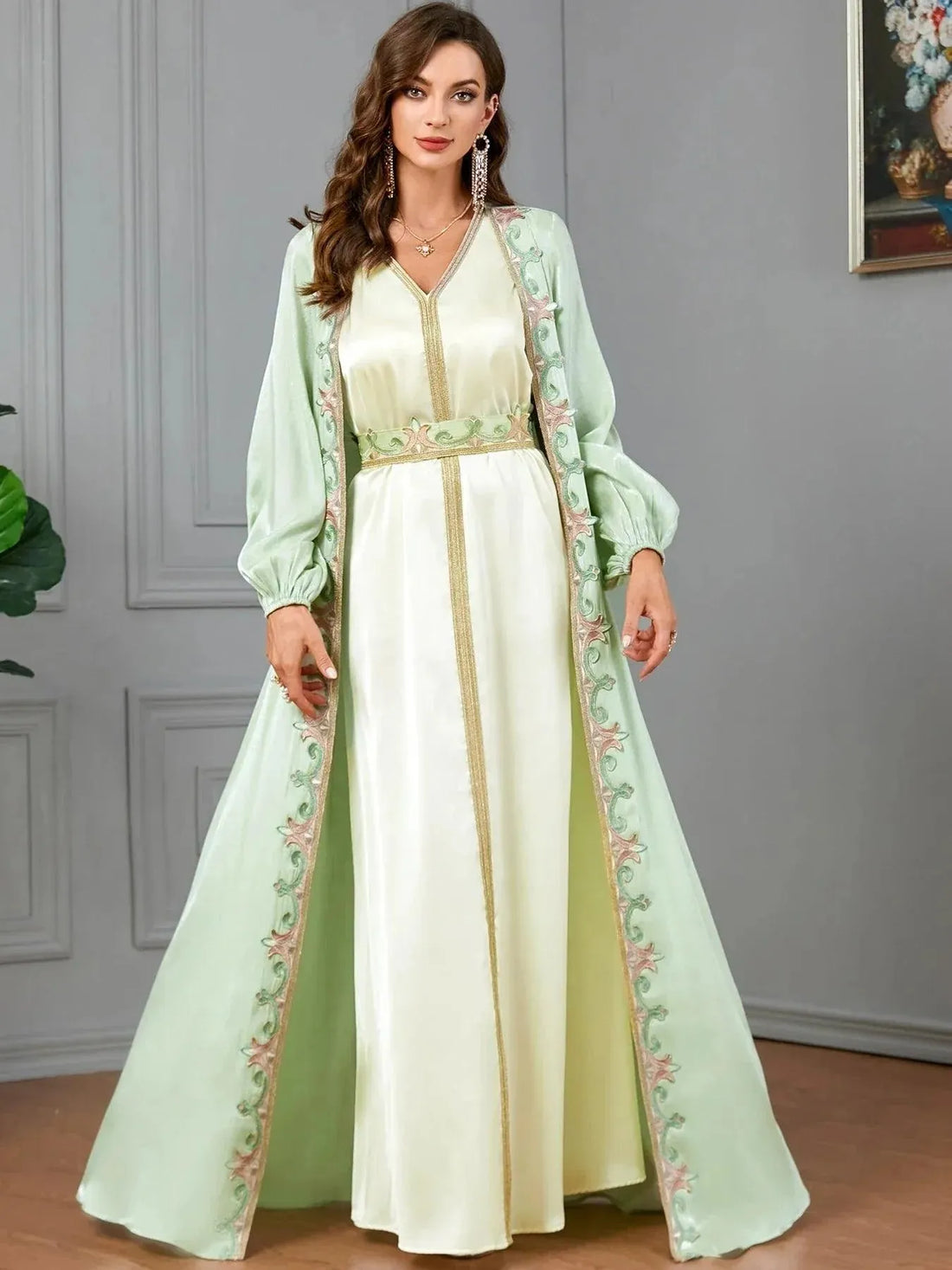 Satin 2 Piece Abaya Set Jilbabs For Woman Dubai Solid Tape Trim Lantern Sleeve V-Neck Elegant Sashes Muslim Long Dress Green Dress