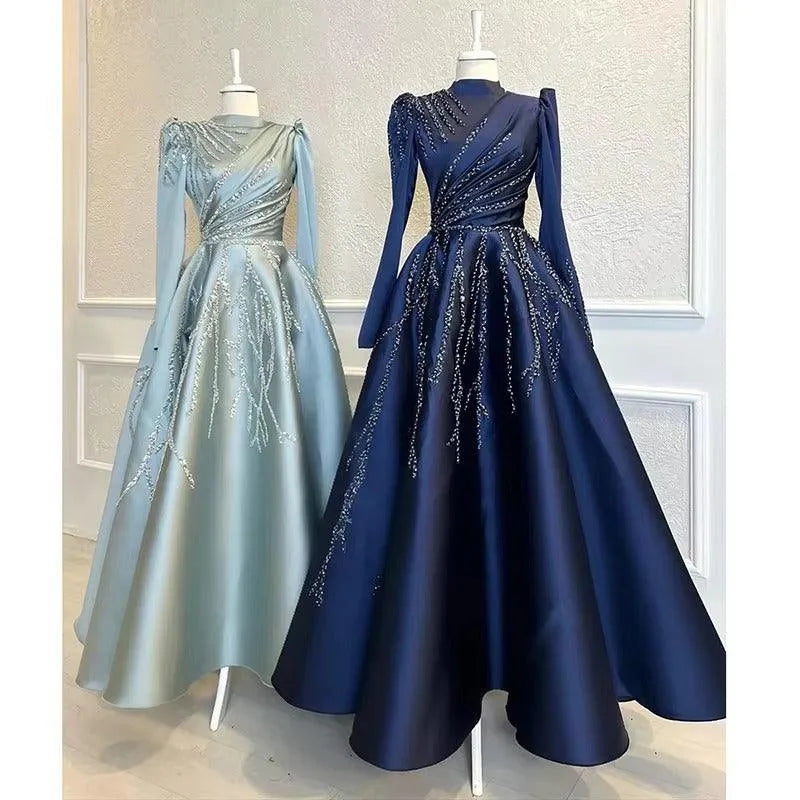 Navy Satin Beaded Long Sleeve Muslim Evening Dresses Moroccan Caftan High Neck Formal Party Ball Gowns Robe De Soiree