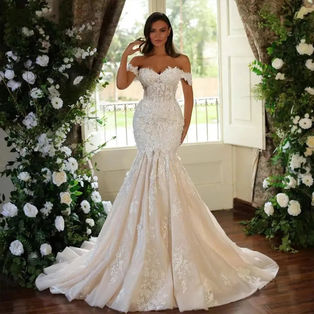 Haohao Mermaid Sexy Wedding Dresses Sweetheart Off The Shoulder Vestido De Novias Embroidery Appliques Sheath Bride Dress Mermaid
