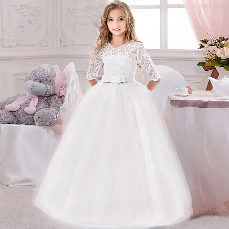 Elegant Princess Lace Dress Kids Flower Embroidery Dresses For Girls Vintage Children Dresses for Wedding Party Long Ball Gown white