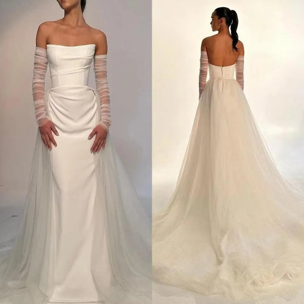 Toofgon Mermaid Satin Bride Wedding Dresses Tulle Skirt Detchable Long Sleeves Bridal Wedding Party Gowns Women Formal Party Mermaid