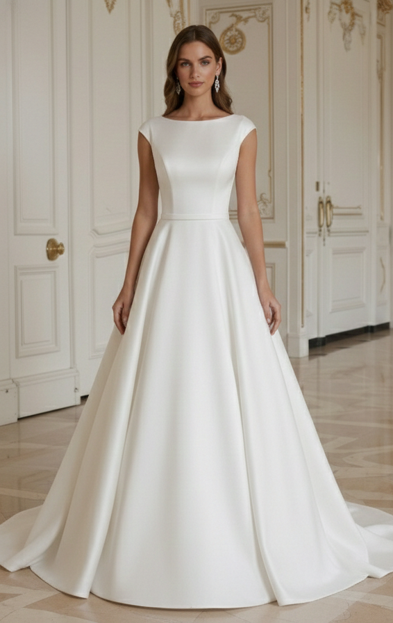 Elegant A-Line Wedding Dress Satin Button Back