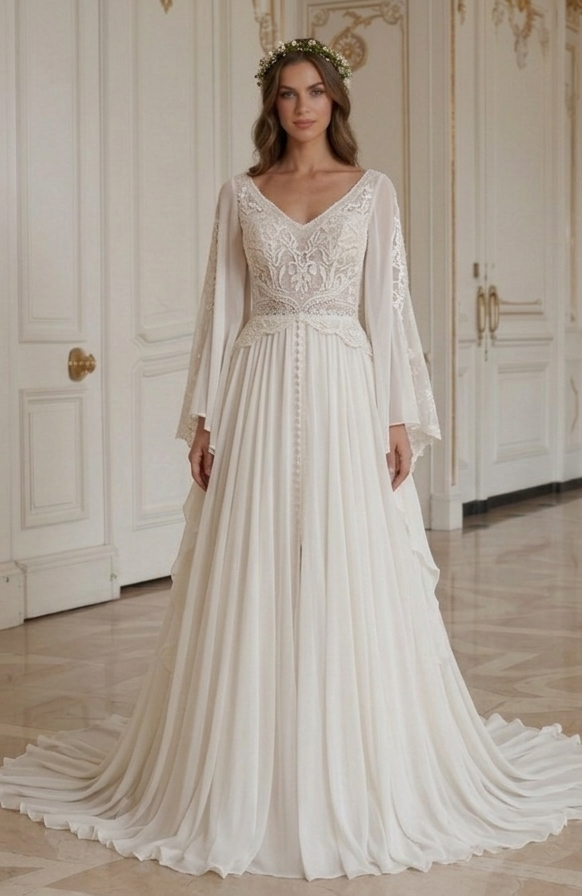 Elegantes Boho Hochzeitskleid Fließender Boho-Stil