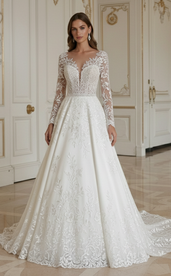 Rochie de mireasă elegantă din dantelă, combinație de satin și dantelă