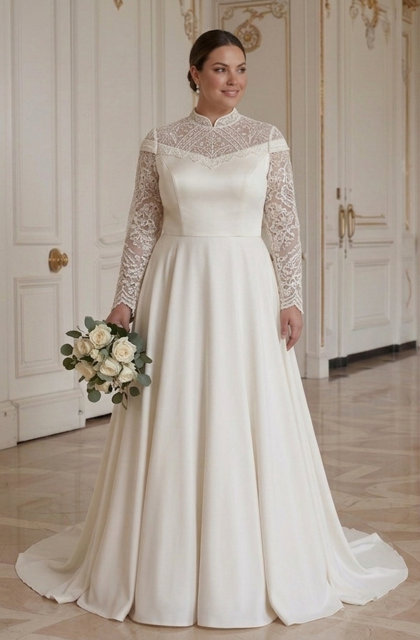 Elegante trouwjurk met lange mouwen voor bruidsmaten, bescheiden stijl
