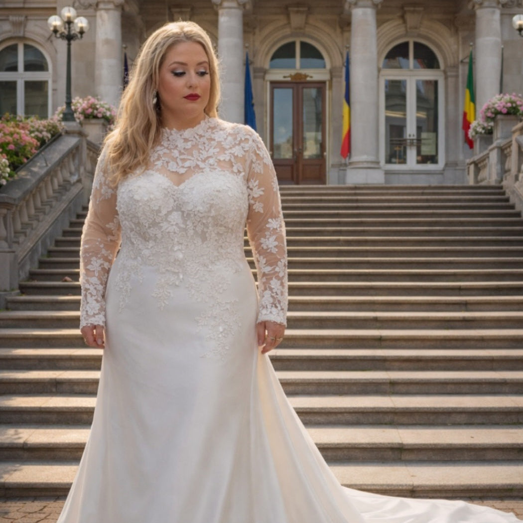 Elegantes A-Linien-Brautkleid in Übergröße mit langen Spitzenärmeln und Illusions-Ausschnitt