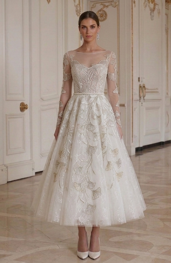 Elegant Tea Length Wedding Dress Premium Bridal Gown