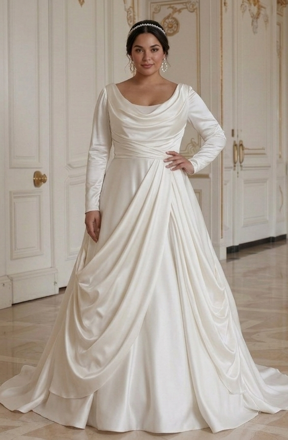 Elegantes Brautkleid für kurvige Braut, weicher, drapierter Satin-Stil
